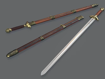 Traditional Antique Swords Featuring Wooden Scabbards Golden Decorations And Silver Blades 3d model