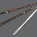 Traditional Antique Swords Featuring Wooden Scabbards Golden Decorations And Silver Blades