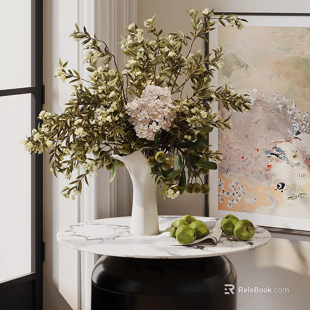 Elegant White Vase With White And Pink Flowers On Marble Table With Green Apples 3d model 