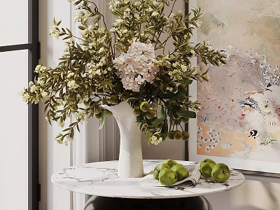 Elegant White Vase With White And Pink Flowers On Marble Table With Green Apples 3d model