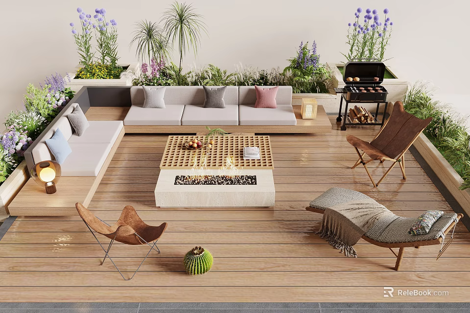 Outdoor Landscape Seating With Wooden Deck Sofa Chairs Fire Pit Plants And Grill 3d model 