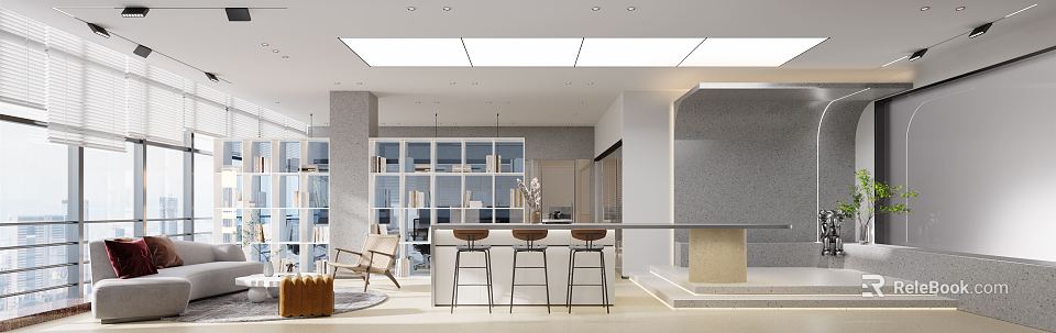 Modern Bright Break Room Interior Design With Bar Counter High Stools And Open Shelves 3d model 