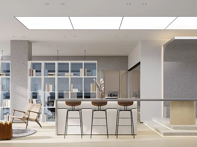 Modern Bright Break Room Interior Design With Bar Counter High Stools And Open Shelves 3d model