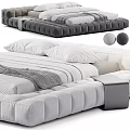Modern Double Bed Design With Padded Velvet Gray Frame And White Bedding Linens