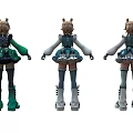 Three Women Anime Figure Display in Different Colored Outfits with Twin Tails and Long Boots