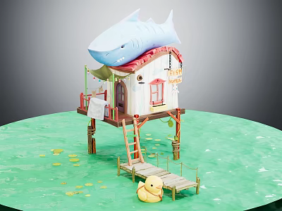 Charming Cartoon Water House With Shark Roof Wooden Bridge Little Duck And Lily Pads 3d model