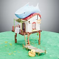Charming Cartoon Water House With Shark Roof Wooden Bridge Little Duck And Lily Pads