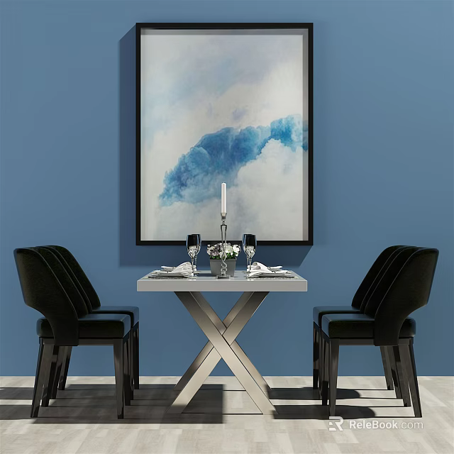 Modern Dining Table Set With Black Chairs Blue Wall Art And Tableware 3d model