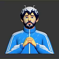 Man Wearing Blue Tracksuit With White Stripes Clasping Hands And Snow Like Head