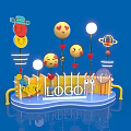 Man Viewing Colorful Emoji Themed Display With Logo And Decorative Elements 3d model