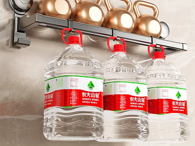 Soft Cotton Towels Hanging On Metal Rack With Gold Dumbbells And Water Jugs 3d model