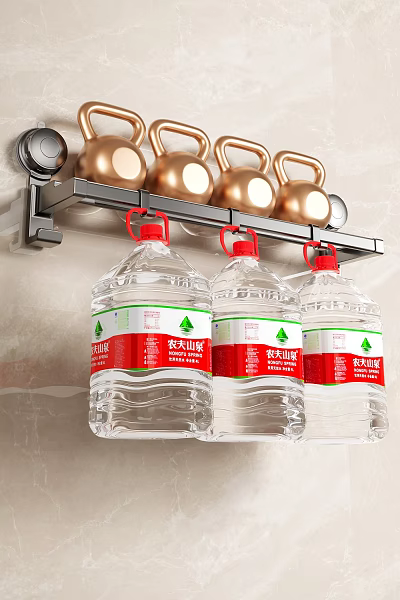 Soft Cotton Towels Hanging On Metal Rack With Gold Dumbbells And Water Jugs 3d model