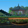Scenic Landscape Bridge With Traditional Pagoda Willow Trees Pink Flowering Trees And Lotus Pond