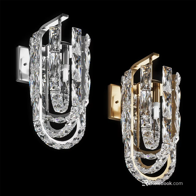 Elegant Crystal Wall Sconces with Silver and Gold Bases and Transparent Decor 3d model 