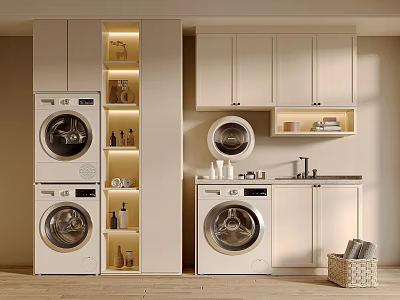 Bathroom Cabinet Rack Modern Luxury Design With White Cabinets Washing Machine Dryer And Open Shelves 3d model