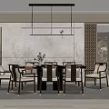 Modern Chinese Restaurant Interior With Round Dining Table Pendant Light And Decorative Screen 3d model