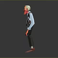 Low Poly Male Game Character Wearing Blue Shirt Purple Tie Black Pants Red Shoes Backpack