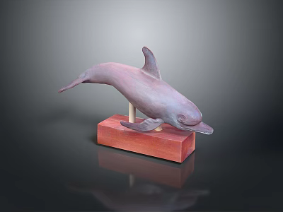 Artistic Pink Dolphin Sculpture Leaping On Red Wooden Base 3d model