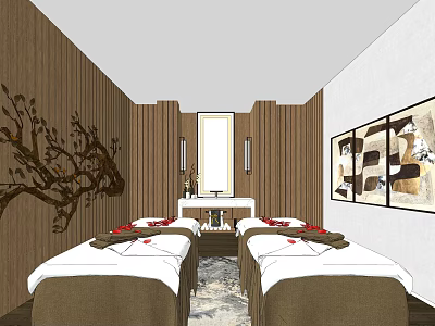 SPA Sauna Interior With Wooden Walls Massage Beds Towels And Red Petals 3d model