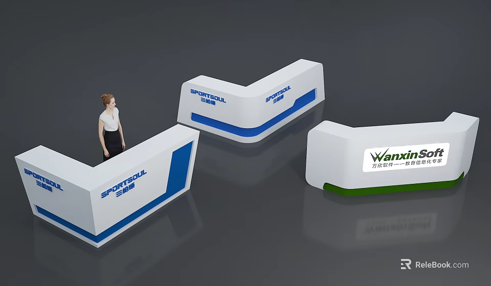 Modern Exhibition Reception Desk With Wanxin And SPORTSAL Branding In White Blue Design 3d model 