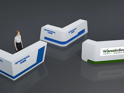 Modern Exhibition Reception Desk With Wanxin And SPORTSAL Branding In White Blue Design 3d model