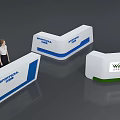 Modern Exhibition Reception Desk With Wanxin And SPORTSAL Branding In White Blue Design