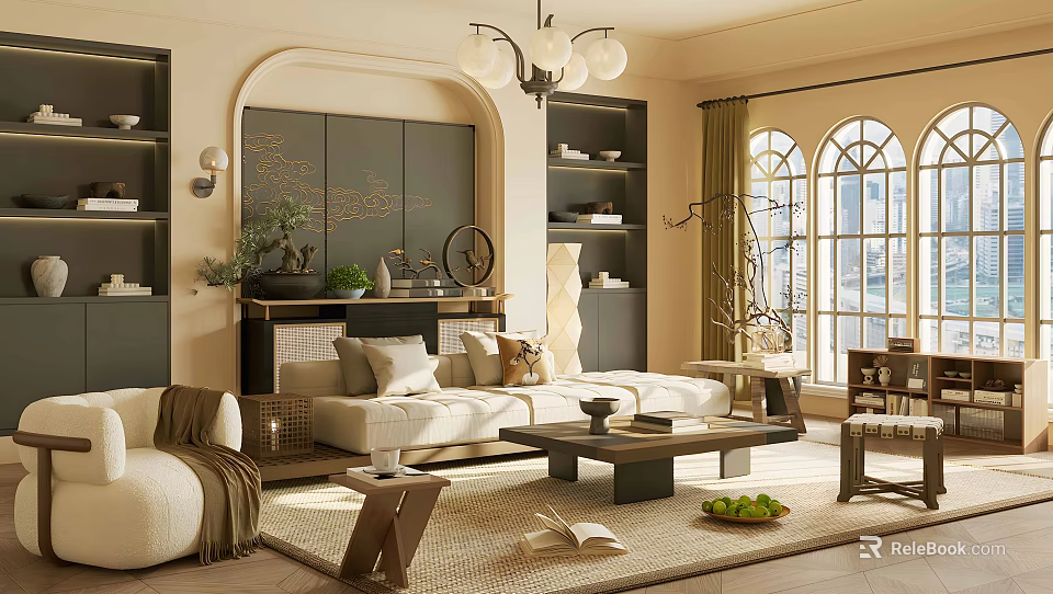 Elegant Modern Living Room Interior With Beige Sofa Arched Design And Chandelier Bookshelves And Curtains 3d model 