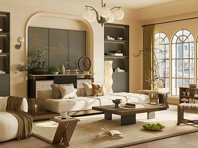 Elegant Modern Living Room Interior With Beige Sofa Arched Design And Chandelier Bookshelves And Curtains 3d model