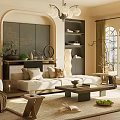 Elegant Modern Living Room Interior With Beige Sofa Arched Design And Chandelier Bookshelves And Curtains