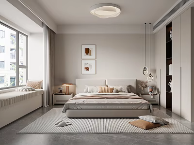 Modern Bedroom Interior With Cozy Bed Nightstand Wall Art And Window Curtains 3d model
