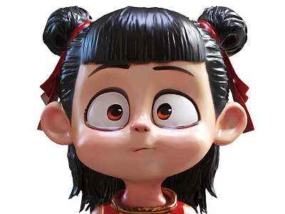 Adorable Doll with Black Hair Buns Red Ribbons Big Brown Eyes Red Outfit Golden Collar 3d model