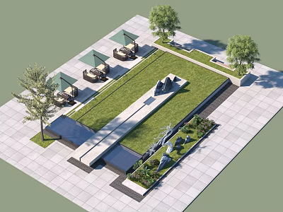 Modern Garden Landscape Design With Green Lawn Seating Area Umbrellas Trees and Stone Pathway 3d model