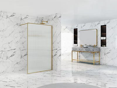 Modern Shower Sauna Bathroom With Marble Walls Gold Framed Glass Shower And Marble Countertop 3d model