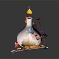 Vibrant Decorative Bottle Featuring Chicken Feathers And Organ Inspired Ornaments