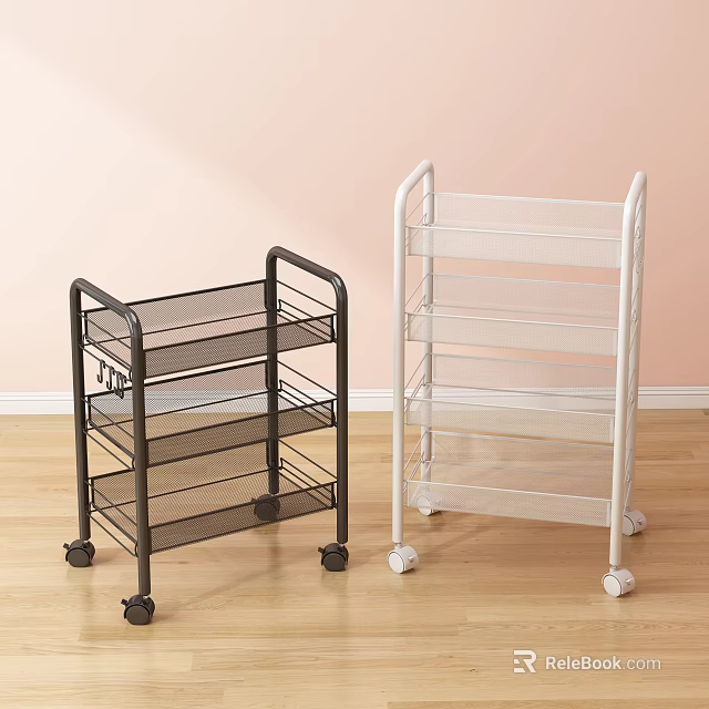 Black and White Multi Tiered Shelving Units with Wheels for Storage 3d model 