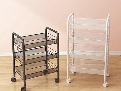 Black and White Multi Tiered Shelving Units with Wheels for Storage 3d model