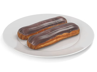 Freshly Baked Chocolate Covered Eclairs Served On White Ceramic Plate 3d model