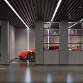 Modern Indoor Parking Garage with Red Sports Car and Stylish Ceiling Lighting Gray Walls