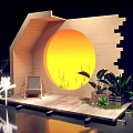 Wooden Structure Photo Check In Spot With Circular Sunset Light And Green Plants