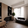 Modern Home Office Interior With Wooden Desk Black Bookshelf Green Plant And Window Blinds