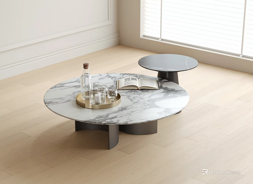 Modern Round Marble Coffee Table With Small Round Side Table Tray Glassware And Open Book 3d model 