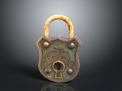 Antique Rusted Metal Padlock With Ornate Scroll Design And Keyhole 3d model