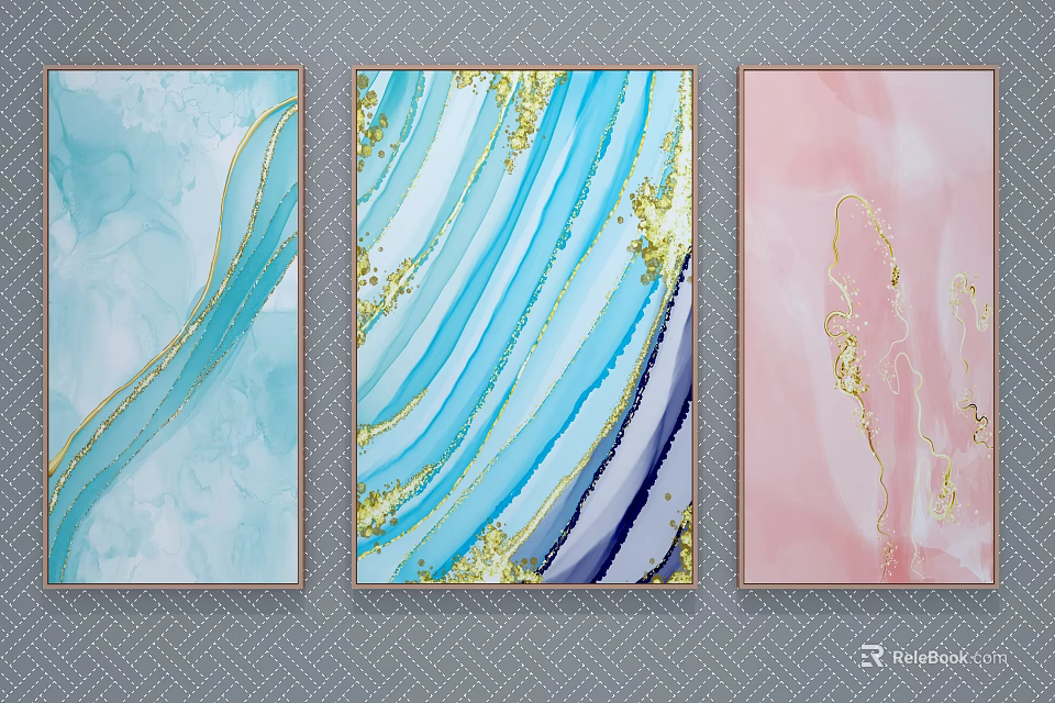 Modern Abstract Paintings With Blue Pink Hues And Gold Fluid Lines For Home Decor 3d model 