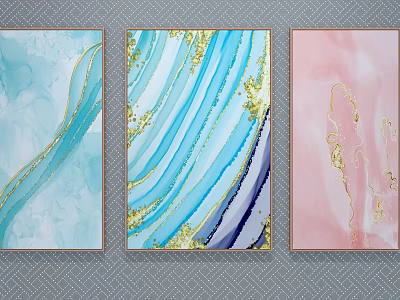 Modern Abstract Paintings With Blue Pink Hues And Gold Fluid Lines For Home Decor 3d model