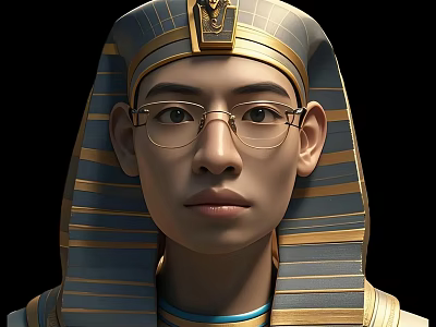 Portrait of a Man Wearing Pharaoh Headdress with Golden Blue Stripes and Glasses 3d model