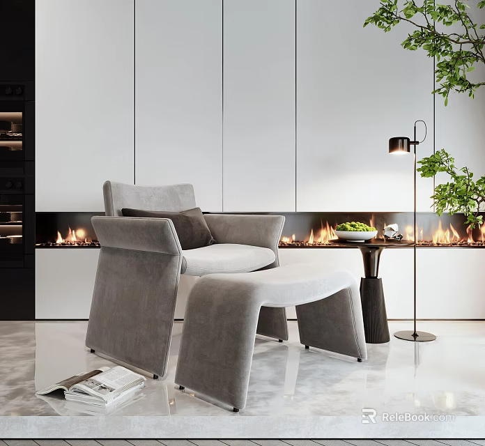 Modern Gray Velvet Single Sofa With Ottoman Floor Lamp And Fireplace Interior 3d model 