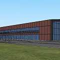 Modern Industrial Factory Building With Red Brick Exterior Glass Curtain Wall And Green Grass Area