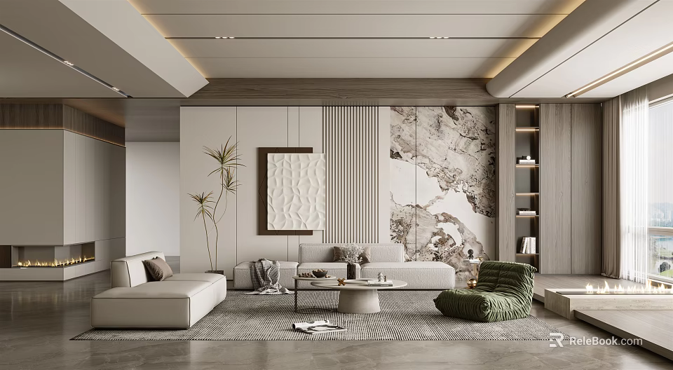 Modern Living Room Interior With White Sofa Coffee Table Green Plant And Marble Wall 3d model 