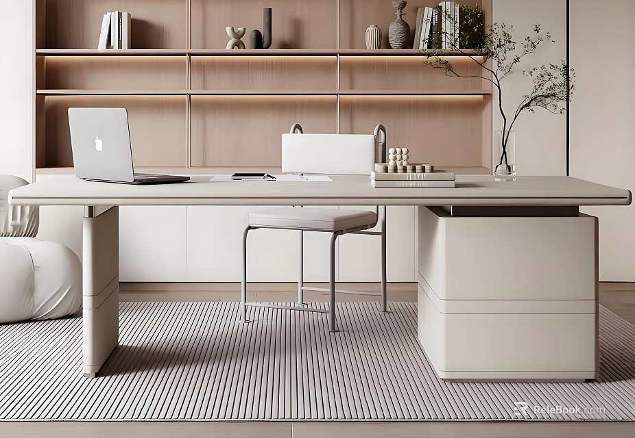 Modern Office Desk With Laptop Bookshelf Decorative Items And Striped Rug 3d model 
