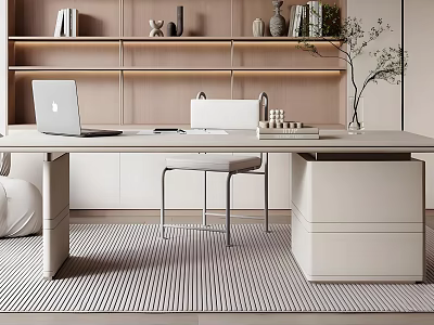 Modern Office Desk With Laptop Bookshelf Decorative Items And Striped Rug 3d model